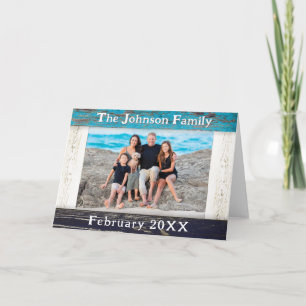 Rustic Blue Wood Frame Family Name Photo Card