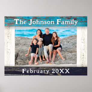 Rustic Blue Wood Frame Family Name Photo Poster