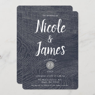 Rustic Blue Wood Grain Minimal Modern Barn Wedding Invitation