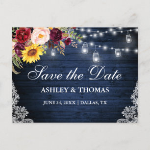 Rustic Blue Wood Jar Lights Lace Floral Announcement Postcard