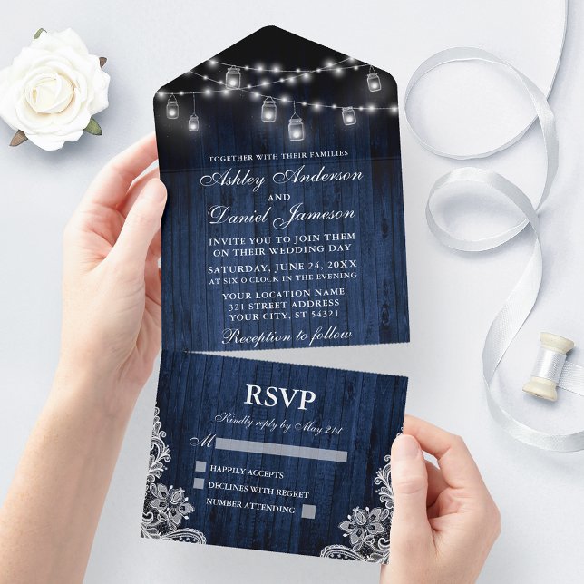 Rustic Blue Wood Jar Lights Lace Wedding All In One Invitation (All In One Wedding Invitation with tear off RSVP Card)