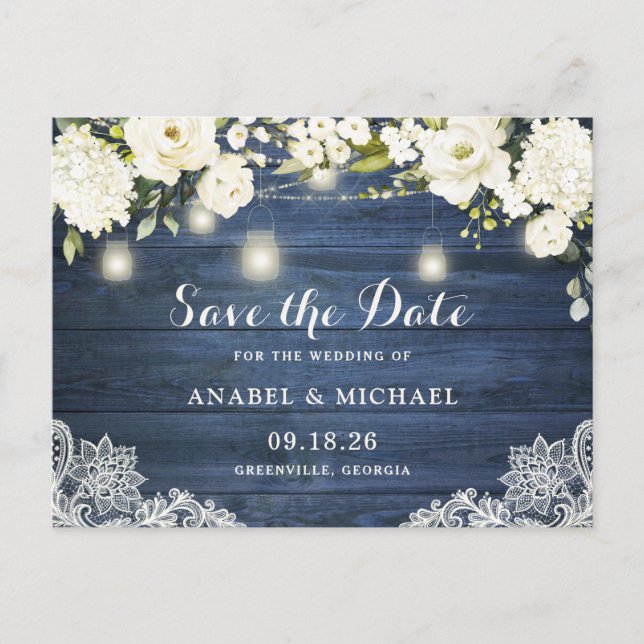 Rustic Blue Wood Lace Mason Jar Save the Date Announcement Postcard (Front)