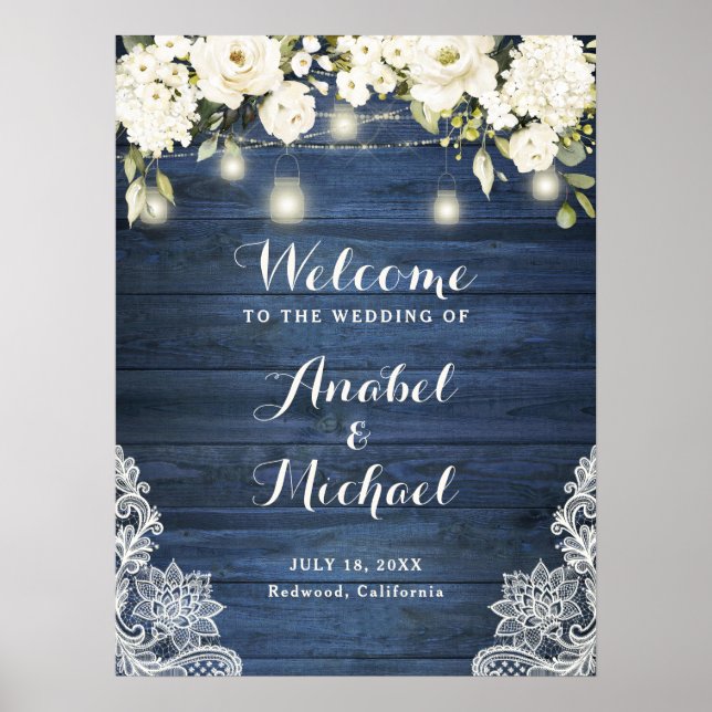 Rustic Blue Wood Lace White Flower Welcome Sign (Front)