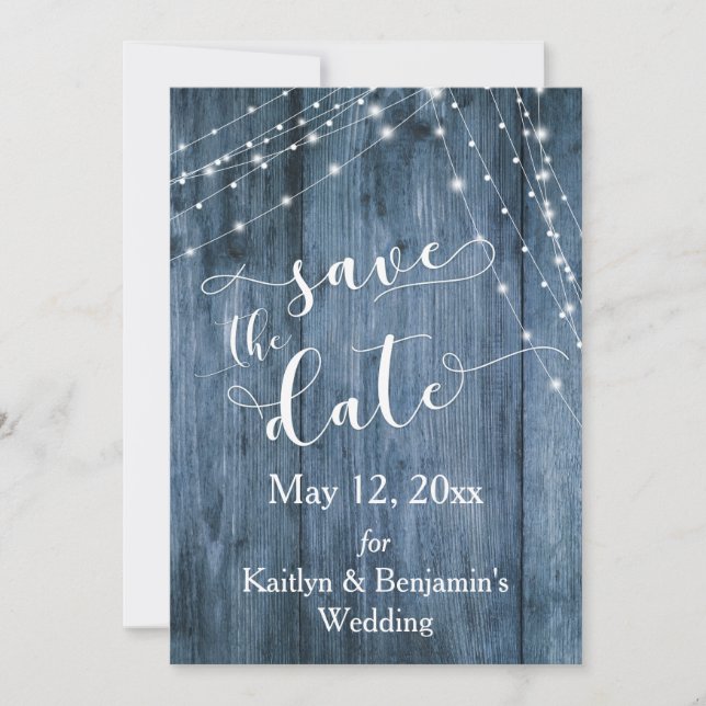 Rustic Blue Wood, Light Strings Save the Date (Front)