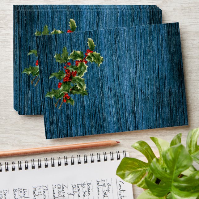 Rustic Blue Wood Lights Berries Christmas Wedding Envelope (Stacked)
