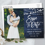 Rustic Blue Wood Lights Brush Script Save The Date Postcard<br><div class="desc">Modern Brush Script,  Rustic Blue Wood,  String Lights Save The Date Engagement Couple Photo Postcard</div>