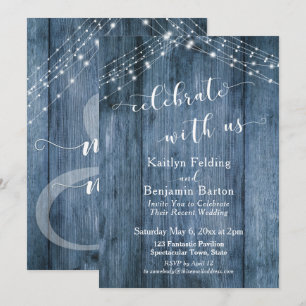 Rustic Blue Wood & Lights Celebrate with Us Invitation