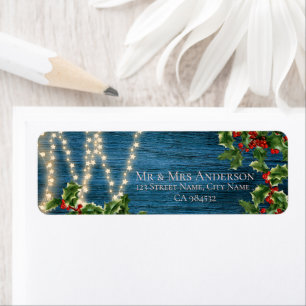 Rustic Blue Wood Lights Christmas Wedding Address  Return Address Label
