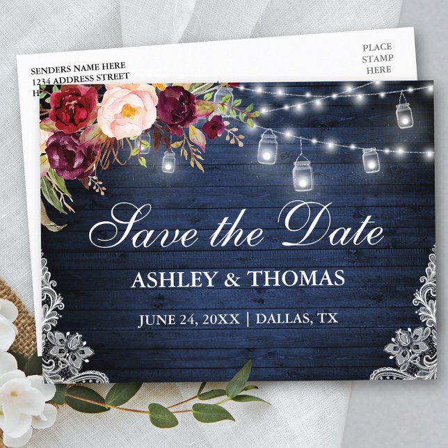 Rustic Blue Wood Lights Jars Floral Save the Date Announcement Postcard (Customize to change text size or text style.)