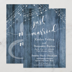 Rustic Blue Wood & Lights Just Married Event Invitation