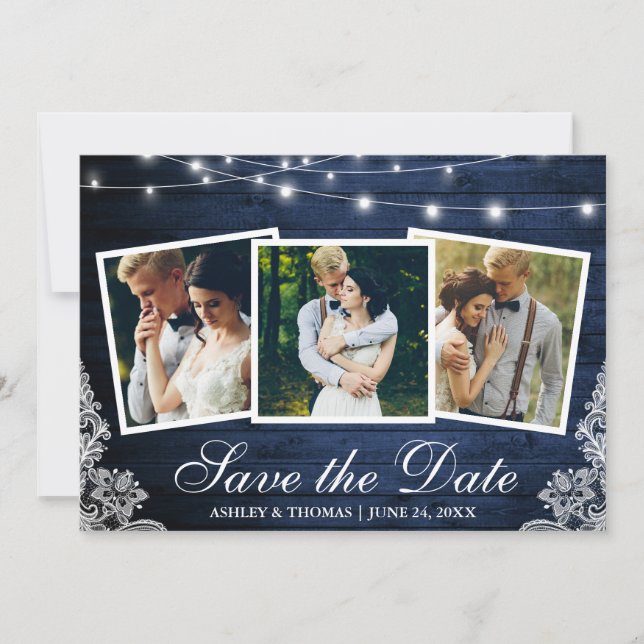 Rustic Blue Wood Lights Lace 3 Photo Save The Date (Front)