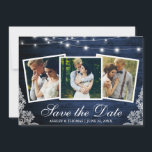 Rustic Blue Wood Lights Lace 3 Photo Save The Date<br><div class="desc">Rustic Blue Wood String Lights and Lace 3 Photo Save The Date Engagement Announcement Card</div>