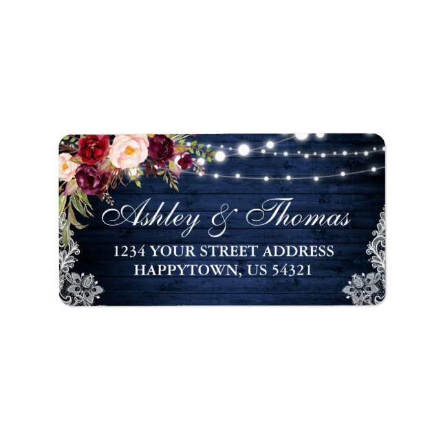 Rustic Blue Wood Lights Lace Floral Address Label (Front)