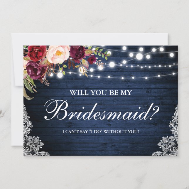 Rustic Blue Wood Lights Lace Floral Bridesmaid Invitation (Front)