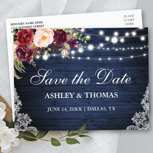 Rustic Blue Wood Lights Lace Floral Save the Date Announcement Postcard
