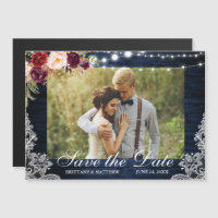 Rustic Blue Wood Lights Lace Photo Save the Date