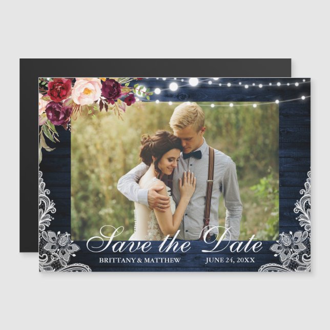Rustic Blue Wood Lights Lace Photo Save the Date Magnetic Invitation (Front/Back)