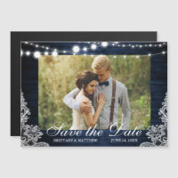 Rustic Blue Wood Lights Lace Photo Save the Date