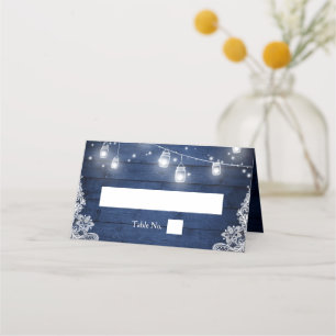Rustic Blue Wood Mason Jar Lights Lace Wedding Place Card
