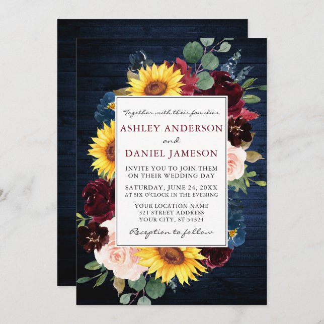 Rustic Blue Wood Mixed Floral Frame Wedding Invitation (Front/Back)