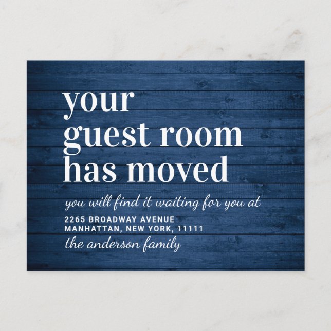 Rustic Blue Wood New Address Moving Announcement Postcard (Front)