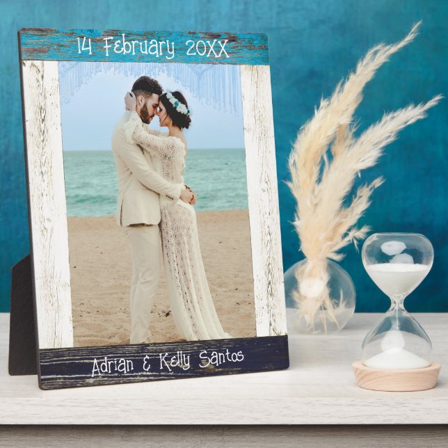 Rustic Blue Wood Photo Wedding Anniversary Plaque (Side)