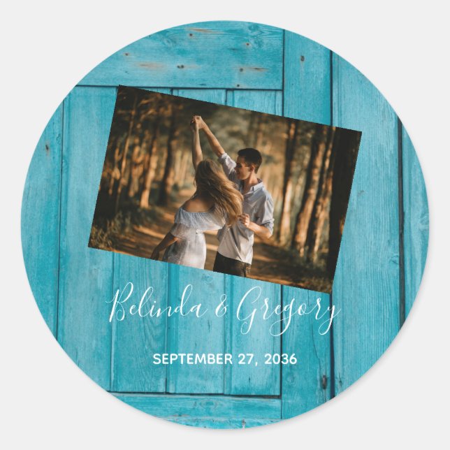 Rustic Blue Wood Photo Wedding Classic Round Sticker (Front)