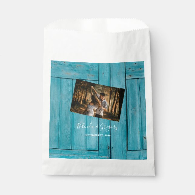 Rustic Blue Wood Photo Wedding  Favour Bag (Front)