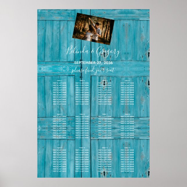 Rustic Blue Wood Photo Wedding Seating Chart (Front)