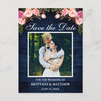 Rustic Blue Wood Pink Floral Photo Save the Date Postcard