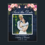 Rustic Blue Wood Pink Floral Save the Date Photo Announcement Postcard<br><div class="desc">Rustic Blue Wood Save The Date Engagement Photo Postcard - Watercolor Pink Blush Floral,  White Frame</div>