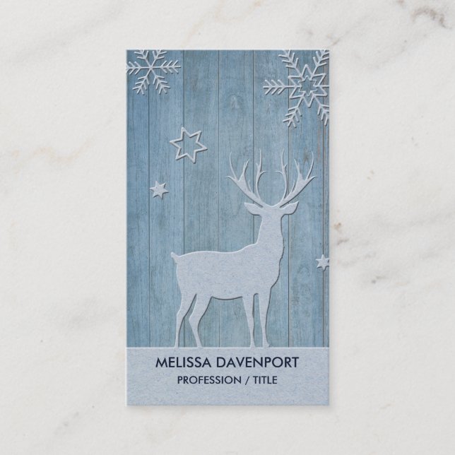 Rustic Blue Wood Reindeer Country Christmas Business Card (Front)