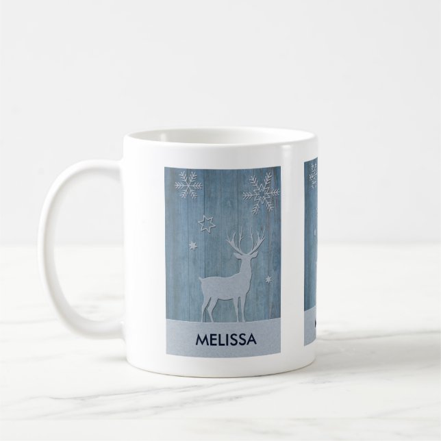 Rustic Blue Wood Reindeer Country Christmas Coffee Mug (Left)