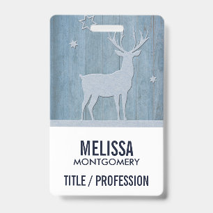 Rustic Blue Wood Reindeer Country Christmas ID Badge