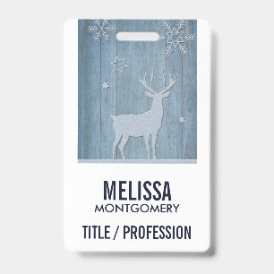 Rustic Blue Wood Reindeer Country Christmas ID Badge