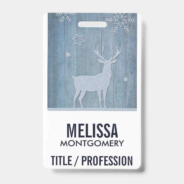 Rustic Blue Wood Reindeer Country Christmas ID Badge (Front)