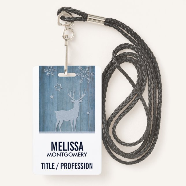 Rustic Blue Wood Reindeer Country Christmas ID Badge (Front with Lanyard)