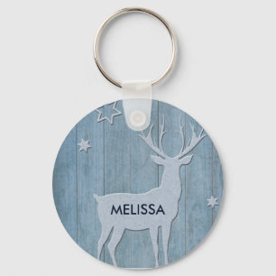 Rustic Blue Wood Reindeer Country Christmas Key Ring