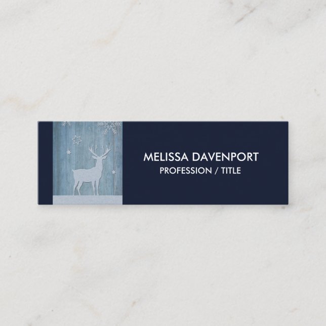 Rustic Blue Wood Reindeer Country Christmas Mini Business Card (Front)