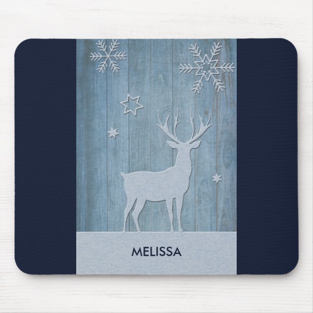 Rustic Blue Wood Reindeer Country Christmas Mouse Pad (Front)