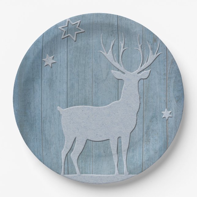 Rustic Blue Wood Reindeer Country Christmas Paper Plate (Front)
