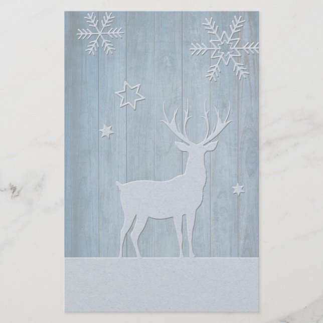Rustic Blue Wood Reindeer Country Christmas Stationery (Front)