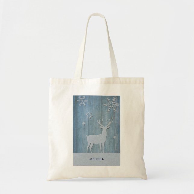 Rustic Blue Wood Reindeer Country Christmas Tote Bag (Front)