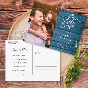 Rustic Blue Wood Script Photo Save the Date Postcard