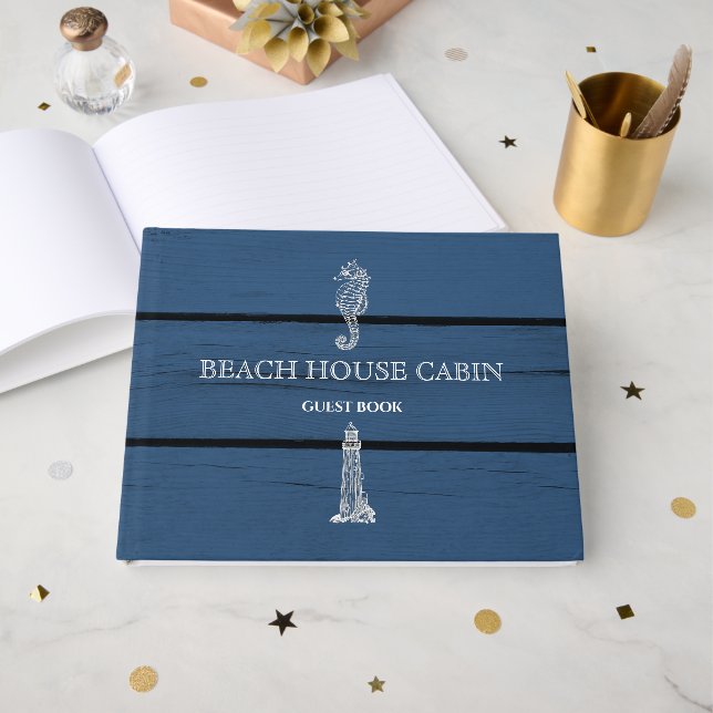 Rustic Blue Wood Seahorse Lighthouse Beach House  Guest Book (Front Open)