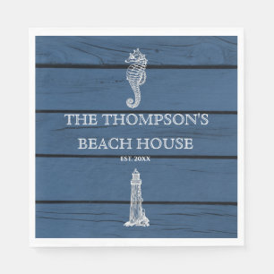 Rustic Blue Wood Seahorse Lighthouse Beach House Napkin