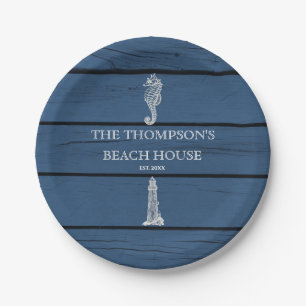 Rustic Blue Wood Seahorse Lighthouse Beach House Paper Plate