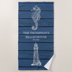 Rustic Blue Wood Seahorse Lighthouse Beach House Towel