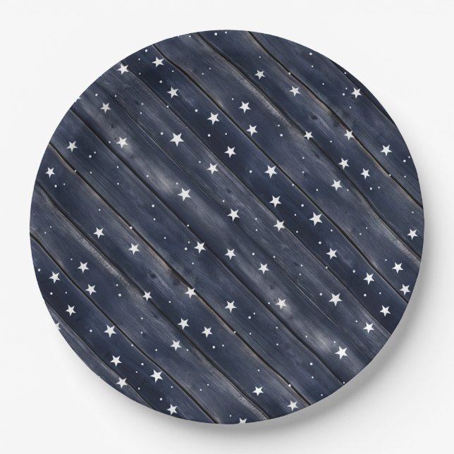Rustic Blue Wood Stars  Paper Plate (Front)