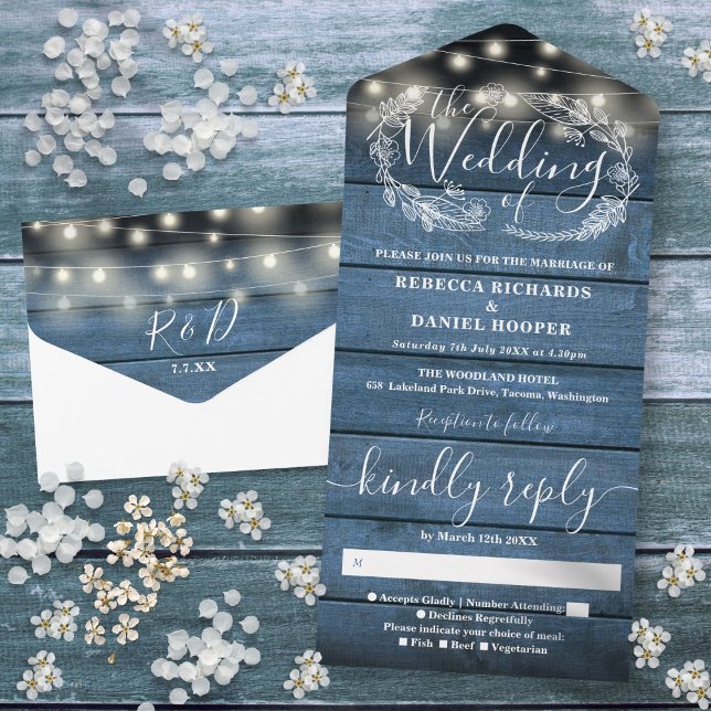 Rustic Blue Wood String Lights Floral Wedding All  In One Invitation (Rustic Blue Wood String Lights Floral Wedding All All In One Invitation)